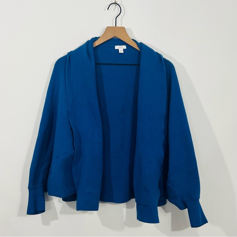 J.Jill Bold Blue Folded Collar Front Open Knit Sweater Puff Sleeve Size Medium